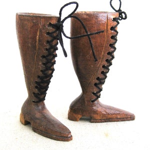 Miniature Folk Art Riding Boot Sculpture, Vintage Equestrian Wood Carving Shoes
