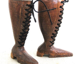 Miniature Folk Art Riding Boot Sculpture, Vintage Equestrian Wood Carving Shoes
