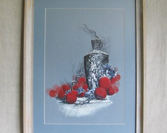 Surreal Still Life Floral Painting, Original Watercolor, Vintage Framed Mid-Century Fine Art