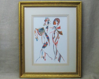 Female Portrait Fashion Illustration, Framed Original Vintage Fine Art Costume Design
