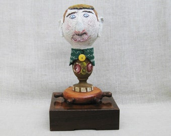 Male Portrait Bust Folk Art Sculpture Embroidered Fiber Textile Arts Statue of Man