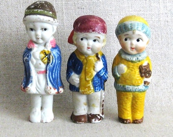 Vintage Bisque Penny Dolls Trio of Boys and Girl, Miniatures, Marked Nippon