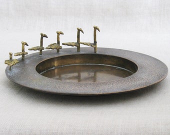 Bronze Dresser Tray with Figural Birds Metal Serving Plate Vintage Desk Top Catchall Wedding Present