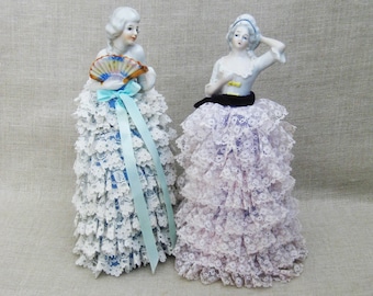 Boudoir Dolls Ceramic and Cloth Pair for Romantic Bedroom Décor Female Portrait European Style