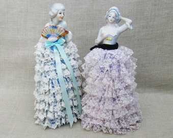 Vintage Boudoir Dolls Ceramic and Cloth Pair for Bedroom Décor, Female Portrait European Style