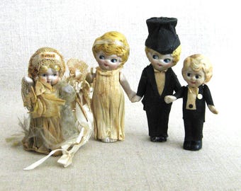 Vintage Bisque Dolls, Wedding Party in Crepe Paper Clothing, Antique Miniatures Bridal People