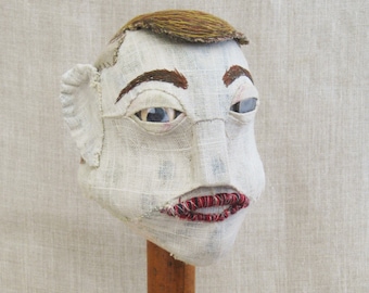 Male Portrait Bust Folk Art Sculpture Embroidered Fiber Textile Arts Hand Sewn Rustic Primitive