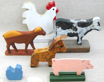 Primitive Folk Art Wooden Farm Animal Sculptures, Rustic Nursery Home Décor