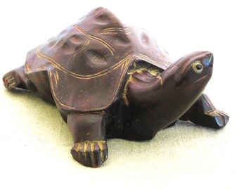 Carved Wooden Turtle Sculpture with Glass Eyes, Vintage Rustic Cabin and Wildlife Home Décor Gift