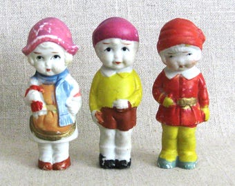 Vintage Bisque Penny Dolls Trio of Ceramic Children, Miniatures, Marked Nippon
