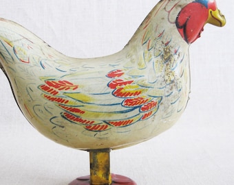 Vintage Metal Chicken Tin Toy by Wyandotte Litho Tin Egg Layer Rustic Cabin Farm Décor