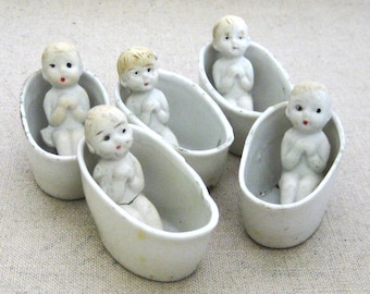 Vintage Quintuplet Penny Doll Set, Antique Porcelain Made in Japan Toys
