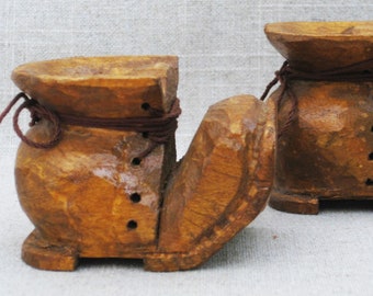 Miniature Folk Art Boot Wood Carving, Primitive Sculpture Pair, Rustic Décor Hostess Gift