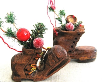 Rustic Boot Tree Ornament, Christmas Folk Art Miniature Holiday Wooden Shoe Sculpture, Primitive