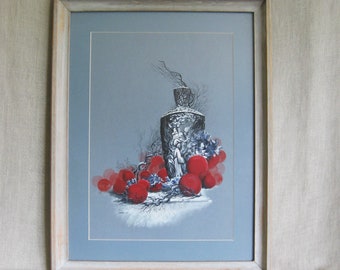 Vintage Surreal Still Life Floral Painting Watercolor Mid-Century Framed Original Fine Art