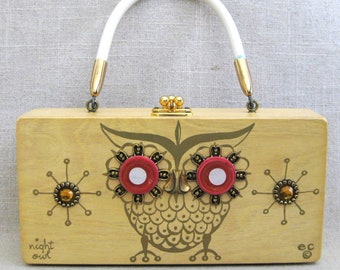 Mid-Century Enid Collins Vintage Owl Box Purse, Wooden Painted Bejeweled Handbag, Ladies Accessories