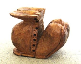 Primitive Boot Carving Sculpture, Folk Art Miniature Wooden Shoe Vintage Rustic Décor
