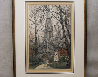 Urban Landscape Hand Colored Etching, Signed Luigi Kasimir, Stephens Cathedral in Vienna Fine Art Print, Framed Wall Décor