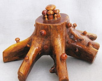 Carved Folk Art Mushroom Sculpture, Vintage Wood Carving, Unusual Rustic Cabin Home Décor