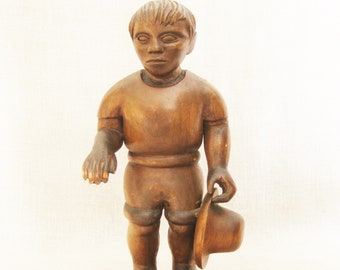Vintage JL Ruiz Male Portrait Folk Art Wood Carving, Statue, Hand Carved, Figure of Boy