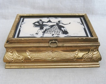 Vintage Jewelry Box Wood and Glass with Interior Mirror Storage and Organization Reverse Painted Glass