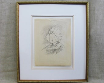 Antique Female Child Portrait Drawing, Original Framed Young Girl European Wall Art Classical Décor