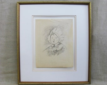 Vintage Female Portrait Drawing of Young Girl Antique European Style Framed Original Fine Art