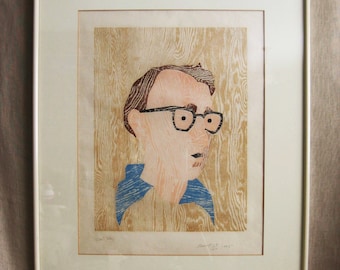 Large Contemporary Male Portrait, Original Woodcut Fine Art Print, Framed Home Décor