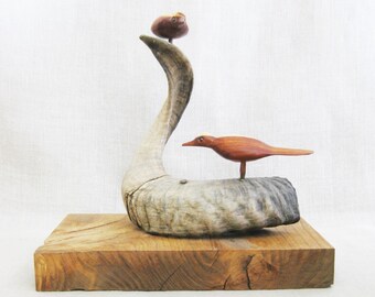Primitive Folk Art Bird Sculpture, Found Object Carved Wooden Birds Unusual Rustic Cabin Home