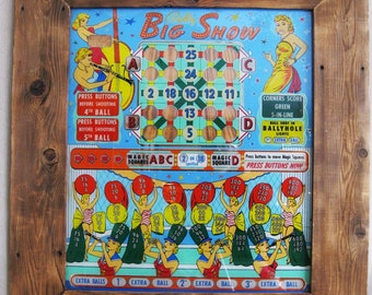 Vintage Mid-Century Pinball Machine, Backglass, Bally, Game Board, Framed Wall Decor