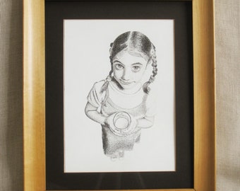 Vintage Female Portrait Drawing Pen and Ink Drawing of Child Framed Original Fine Wall Art