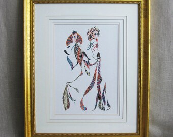 Large Fashion Illustration Female Portrait, Original Framed Fine Art Vintage Color Ink Drawing Costume Design