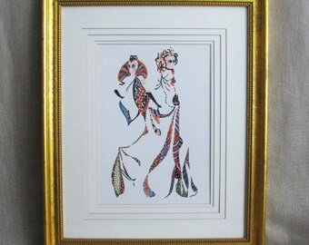 Vintage Fashion Illustration Female Portrait Framed Original Fine Art Color Ink Drawing Costume Design