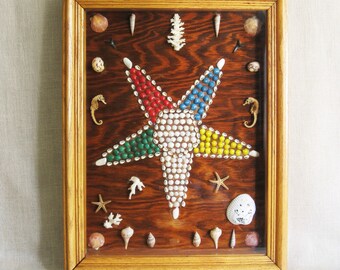 Folk Art Nautical Sea Shell Shadow Box, Beach House Coastal Wall Art Rustic Seaside Home Décor