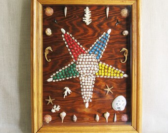 Vintage Folk Art Sea Shell Shadow Box, Beach House Nautical Wall Décor, Rustic Seaside Interior