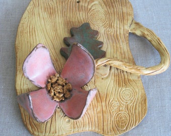 Vintage Ceramic Floral Wall Plaque, Large Flower Sculpture, Wall Decor, Studio Pottery