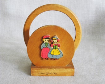 Wooden Napkin Holder Dutch Couple Desk Letter Rack Mid-Century Vintage Souvenir New York City