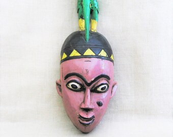 Vintage Tribal African Mask Male Portrait Carving Hand Painted Folk Art Decorative Wall Décor