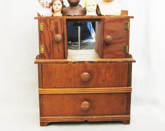 Folk Art Vintage Primitive Doll Hutch Miniature Cabinet for Rustic Cabin Décor and Desk Storage and Organization