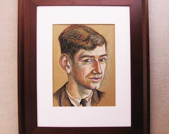 Original Mid-Century Male Portrait Drawing, Framed Vintage Pastel Masculine Wall Art