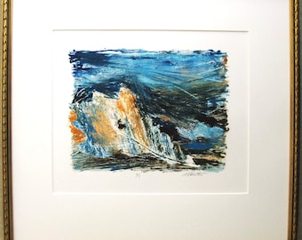 Contemporary Abstract Monoprint, Original Fine Art, Vintage Framed Autumn Leaves in Blue, Patrice Trauth