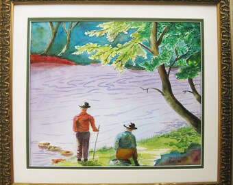 Colorful Male Portrait Watercolor Painting, Framed Vintage Wall Art Rustic Cabin Home Décor