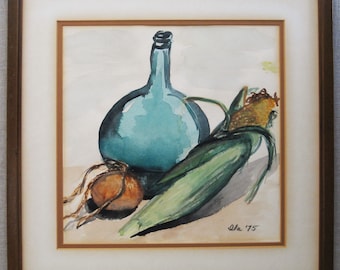 Mid-Century Still Life Watercolor Painting, Framed Original Wall Art Rustic Home Décor