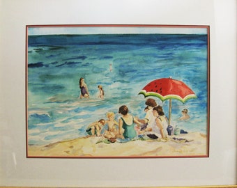 Beach Landscape Watercolor Painting, Vintage Female Portrait, Framed Original Wall Art, Signed Audrey Larson