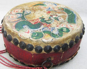 Vintage Drum, Chinese Primitive Painted Musical Instrument, Rustic Cabin and Asian Décor