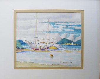 Watercolor Boat Painting, Original Framed Tropical Wall Art, Beach House Nautical and Coastal Home Décor Gift