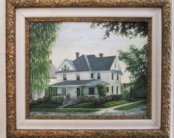 Large House Portrait Landscape Painting, Original Architectural Framed Wall Art, Signed Joan Hanley