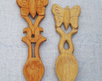 Folk Art Hand Carved Loving Spoon, Wooden Butterfly Design Wedding Gifts
