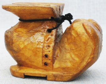 Folk Art Miniature Wooden Boot Sculpture, Wood Carving Shoe Primitive Vintage Rustic Cabin Décor