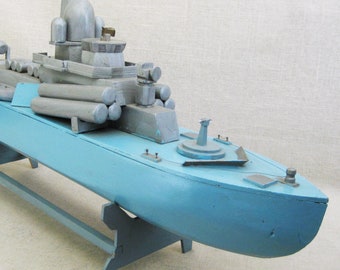 Folk Art Ship Sculpture, Vintage Wooden Boat Nautical and Coastal Beach House Décor